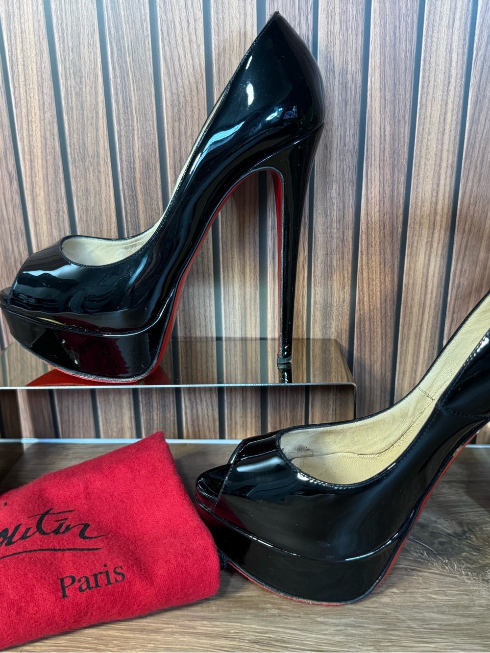 Christian Louboutin Black Patent Peep-Toe Red Bottom Platform Pumps, Size 36 - Picture 7 of 16